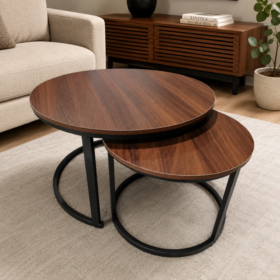Modern Round Nesting Coffee Table Set – Wood Finish & Steel Frame